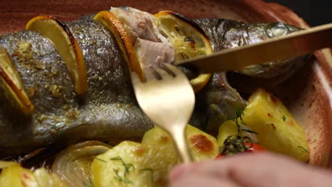 Using a knife and fork eating trout fish, close up. Baked trout fish in plate Stock Footage 307384640