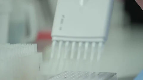 Using laboratory tool with the tubes to pour out the product sample for analysis Stock Footage 247515666