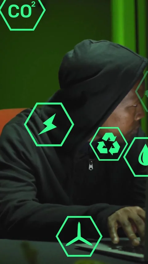 Using laptop with animation of green energy icons, person in hoodie working Stock Footage 319810928