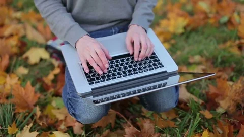 Using laptop at background of autumn fallen leaves Stock Footage 70429662