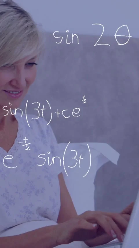 Using laptop in bed, woman surrounded by mathematical equations animation Stock Footage 341977105