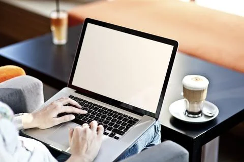 Using laptop with blank screen - Point of view perspective Stock Photos