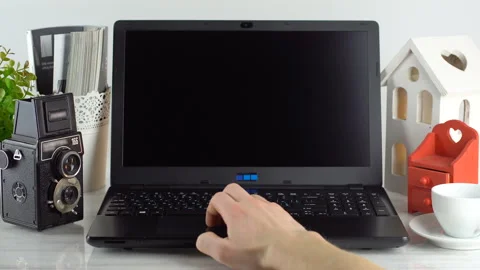 Using laptop with blank screen - POV - Point of view perspective. Full HD Stock-Footage 88806124