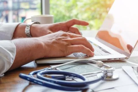 Using laptop for online working. Stock Photos