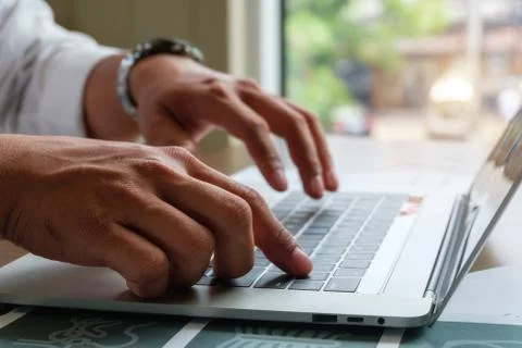 Using laptop for online working. Stock Photos