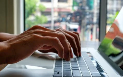 Using laptop for online working. Stock Photos