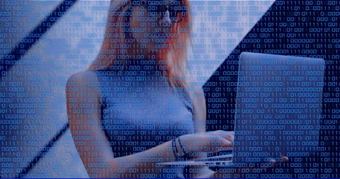 Using laptop outdoors, woman with binary code animation in background Stock Footage 304575297