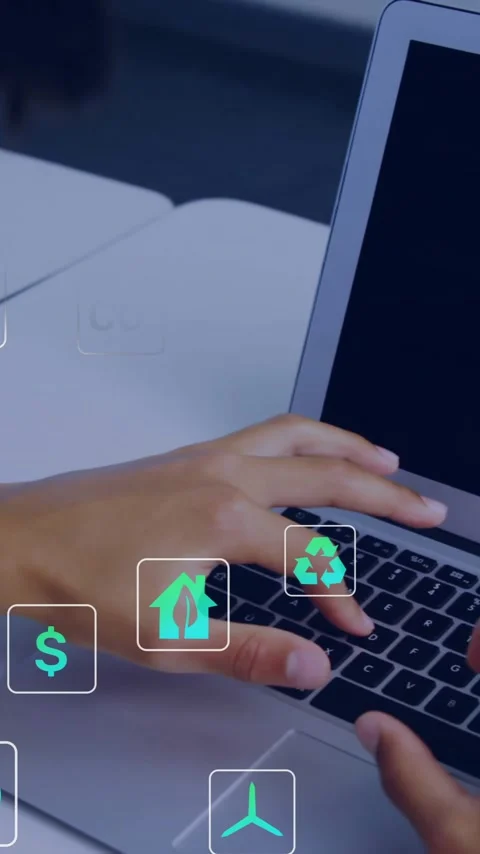 Using laptop, person exploring digital icons of technology and sustainability Stock Footage 344403985
