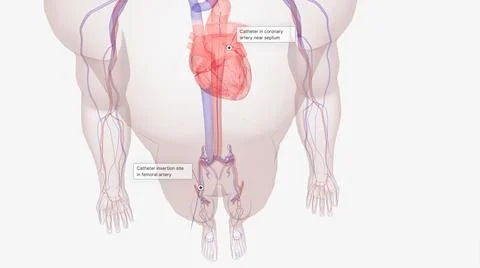 Using a local anesthetic, a catheter is inserted into a vein or artery near.. Stock Illustration