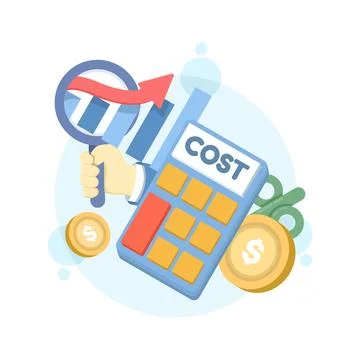 Using a magnifying glass to analyze a cost graph with a calculator Stock Illustration
