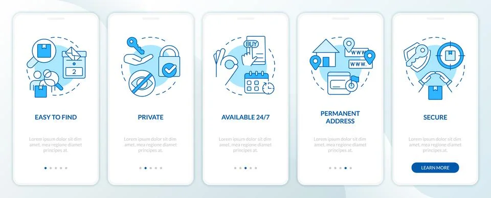 Using mailboxes benefits blue onboarding mobile app screen イラスト素材