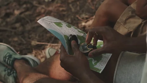 Using Map and Compass on Camping Stock Footage 159443592