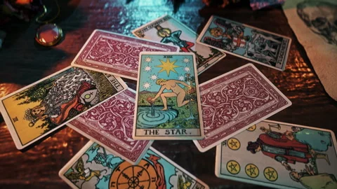 Using the medieval divination tarot Star Card spells to predict the life changes Stock Footage 251183236