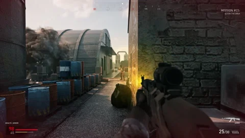 Using a military assault rifle weapon in the new first-person shooter video game Stock Footage 218619387