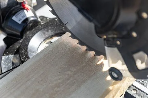 Using a miter saw to cut a piece of wood. Own carpentry workshop. Sawing a wo Foto stock