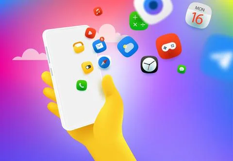 Using mobile applications via modern smartphone. Vector concept Illustrazione stock