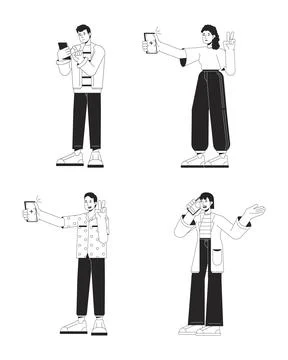 Using mobile device bw vector spot illustration set Stock-Illustration