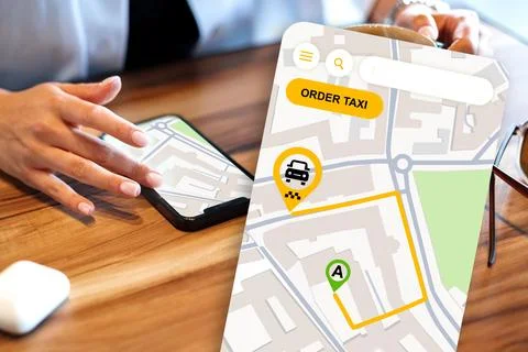 Using a mobile map to find a taxi in a city during the day Stock Photos