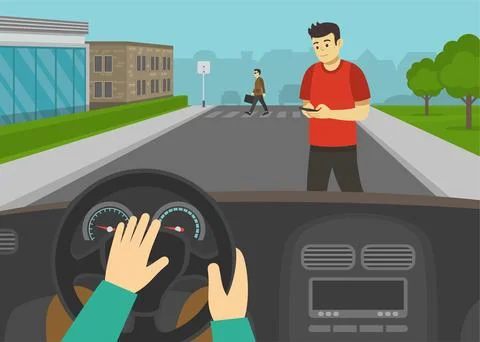 Using mobile phone in front of a car. Car driver is honking horn to pedestrian. Stock Illustration