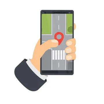 Using a mobile phone for navigation. Location detection Illustrazione stock
