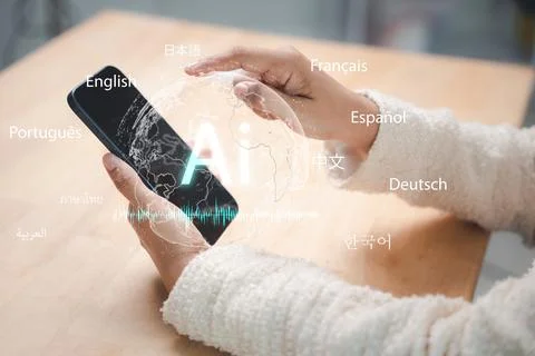 Using mobile phone smartphone technology online, woman translates foreign l.. Stock Photos