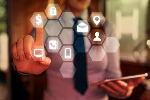 Using mobile phone technology and dots online communication network, copy space 스톡 사진