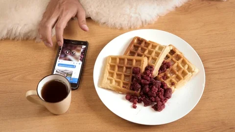 Using Mobile Smart Phone to Chatting send Message, Breakfast Plate of Waffles Stock Footage 90851123