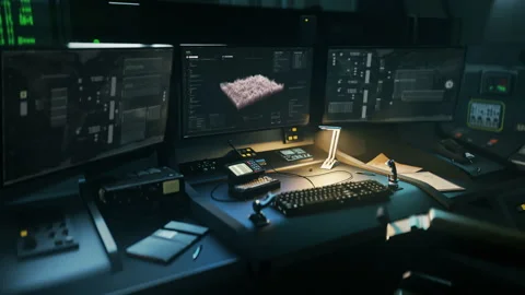 Using modern intelligence examination computer program in the control room Stock Footage 255303508
