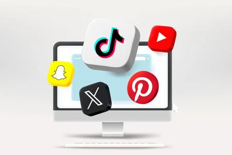 Using modern media platforms ticktock, youtube, x, pinterest, snapchat. Pop.. Illustrazione stock