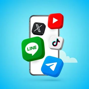 Using modern media platforms Youtube, X, line, Telegram, Ticktok via modern.. Stock-Illustration