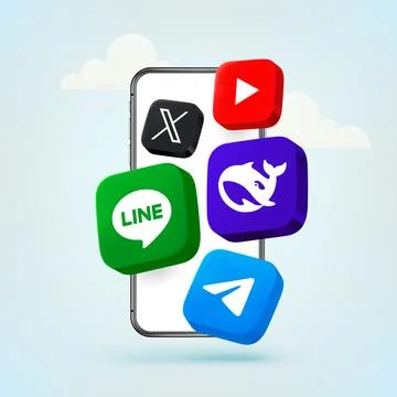 Using modern media platforms Youtube, X, line, Telegram, Deepseek, via mode.. イラスト素材