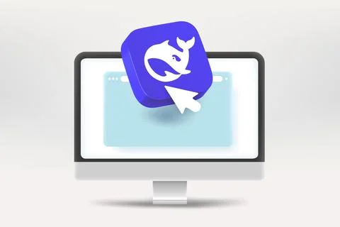 Using modern media services Deepseek via modern computer. Vector 3d editori.. Stock Illustration