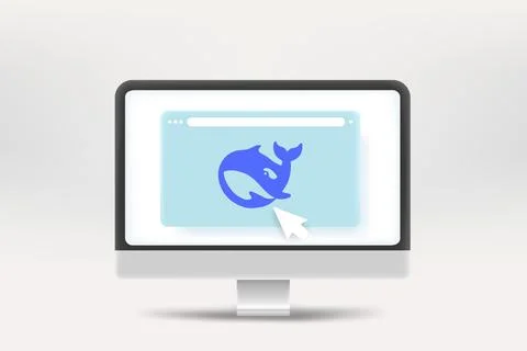 Using modern media services Deepseek via modern computer. Vector 3d editori.. Stock Illustration