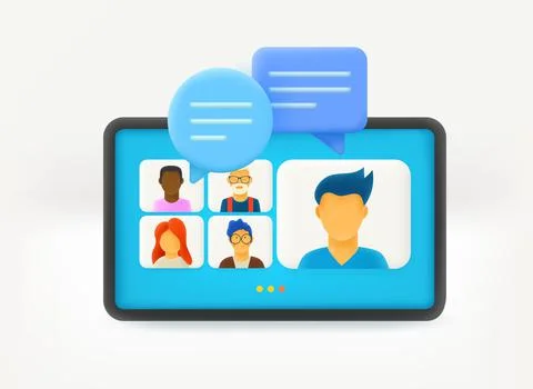 Using modern tablet computer for online conference. 3d vector illustration Illustrazione stock