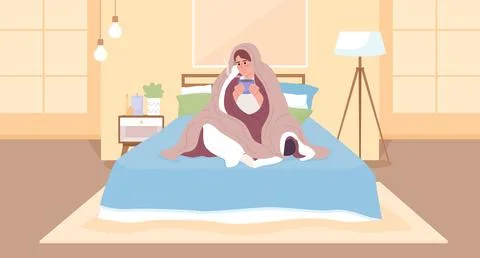 Using more blankets for getting warm in cold weather flat vector illustration Stock Illustration