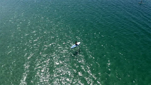 Using a paddle, a girl swims on a surfboard Stock Footage 144792253