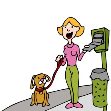 Using pet waste bag dispenser while walking dog Stock Illustration