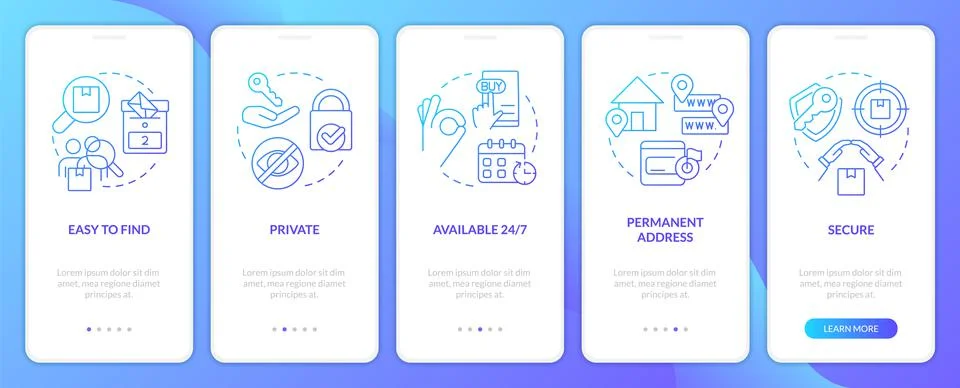Using po boxes pros blue gradient onboarding mobile app screen Stock Illustration
