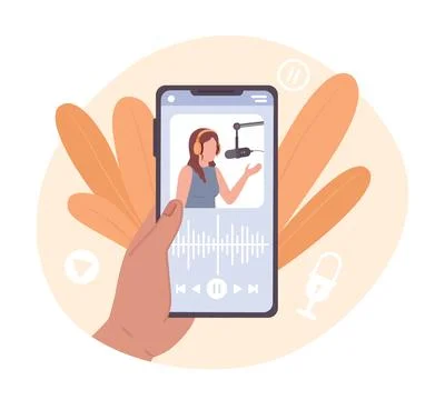 Using podcast hosting service on smartphone flat concept vector illustration Illustrazione stock