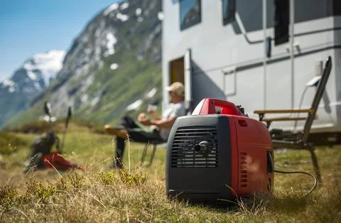 Using Portable Gasoline Inverted Generator While Dry Camping Stock-Fotos