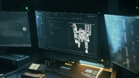 Using Program Code Screen To Command Robotic Security System In Control Room Stock Footage 203747584