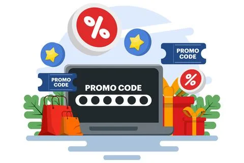 Using promo code on online shopping payment, Discount code, Gift voucher. Stock Illustration