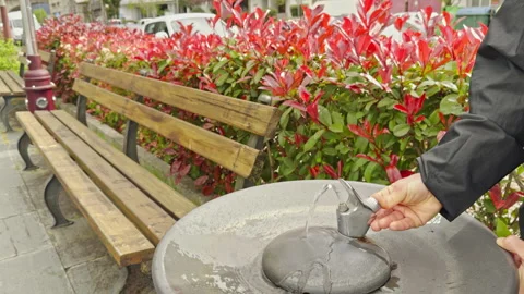 Using Public Drinking Fountain in the Park Stock Footage 279086495