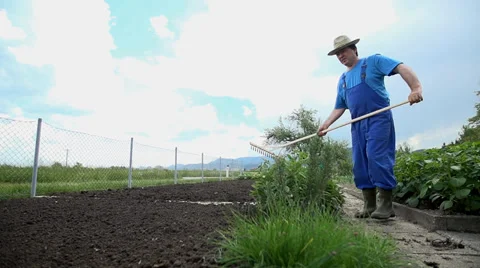 Using the rake to evenly distribute around the plowed garden soil Vídeo Stock 38158569