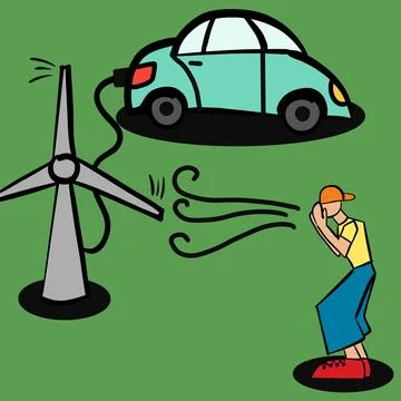 Using renewable wind energy to charge an electric vehicles. A young guy blo.. Stock Illustration