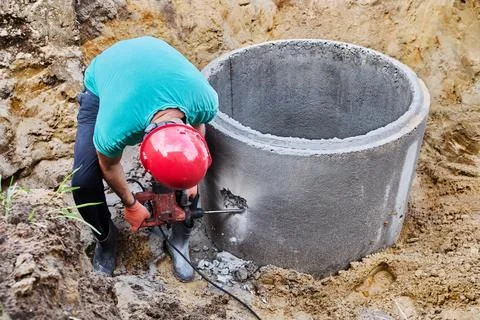 Using rotary hammer with chisel, worker punches hole for sewer pipe in conc.. Stock-Fotos