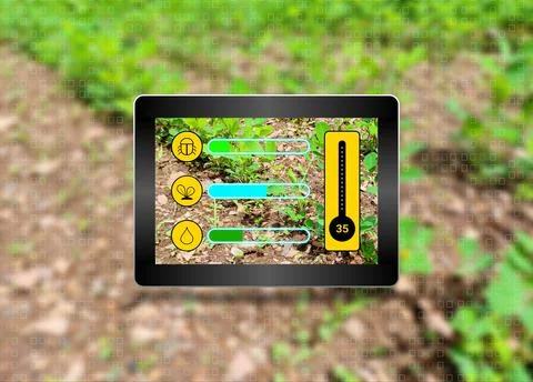 Using samrt tablet for farming concept. .new generation apps showing all abou Stock Illustration