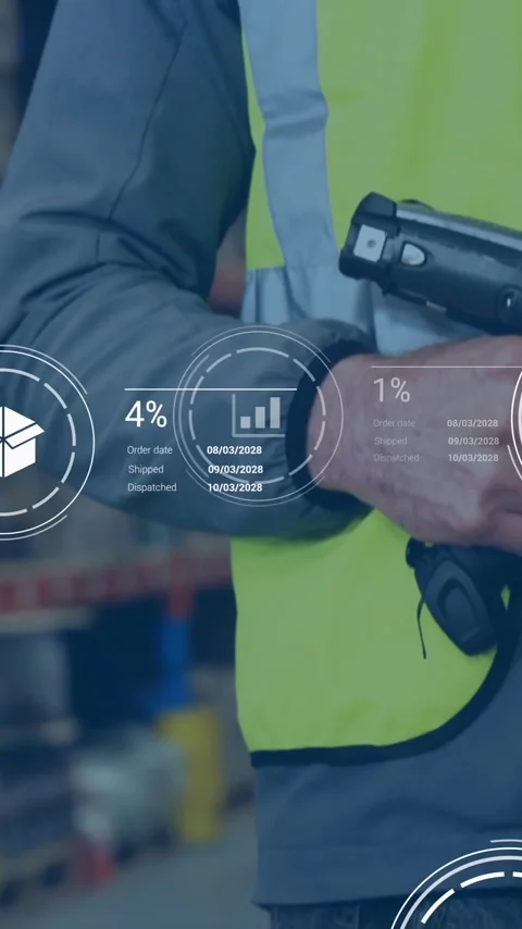 Using scanner, warehouse worker analyzing digital data with animation overlay Stock Footage 320160987