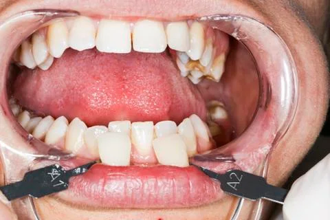 Using a shade guide to check veneer of tooth crown 스톡 사진