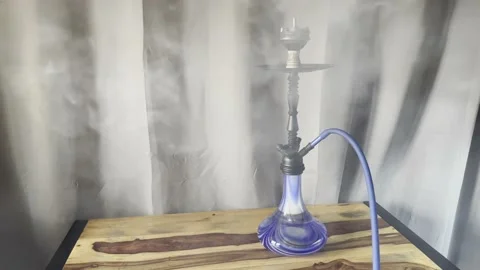 Using sisha nargileh hookah head coals smoke hose table studio Stock Footage 209886415
